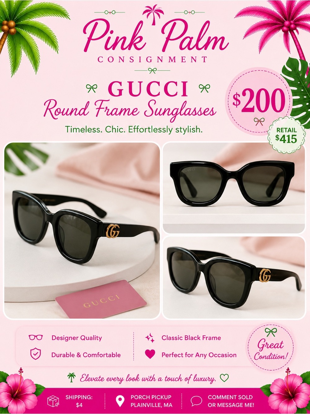 Gucci Black Rounded Cat-Eye Sunglasses with Gold Logo Temples
